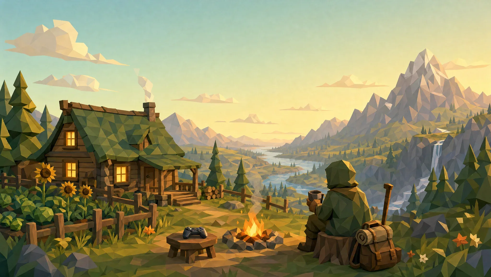 The Wayfarer at home: a cozy low-poly homestead with a game controller resting on the table, one small part of a full life